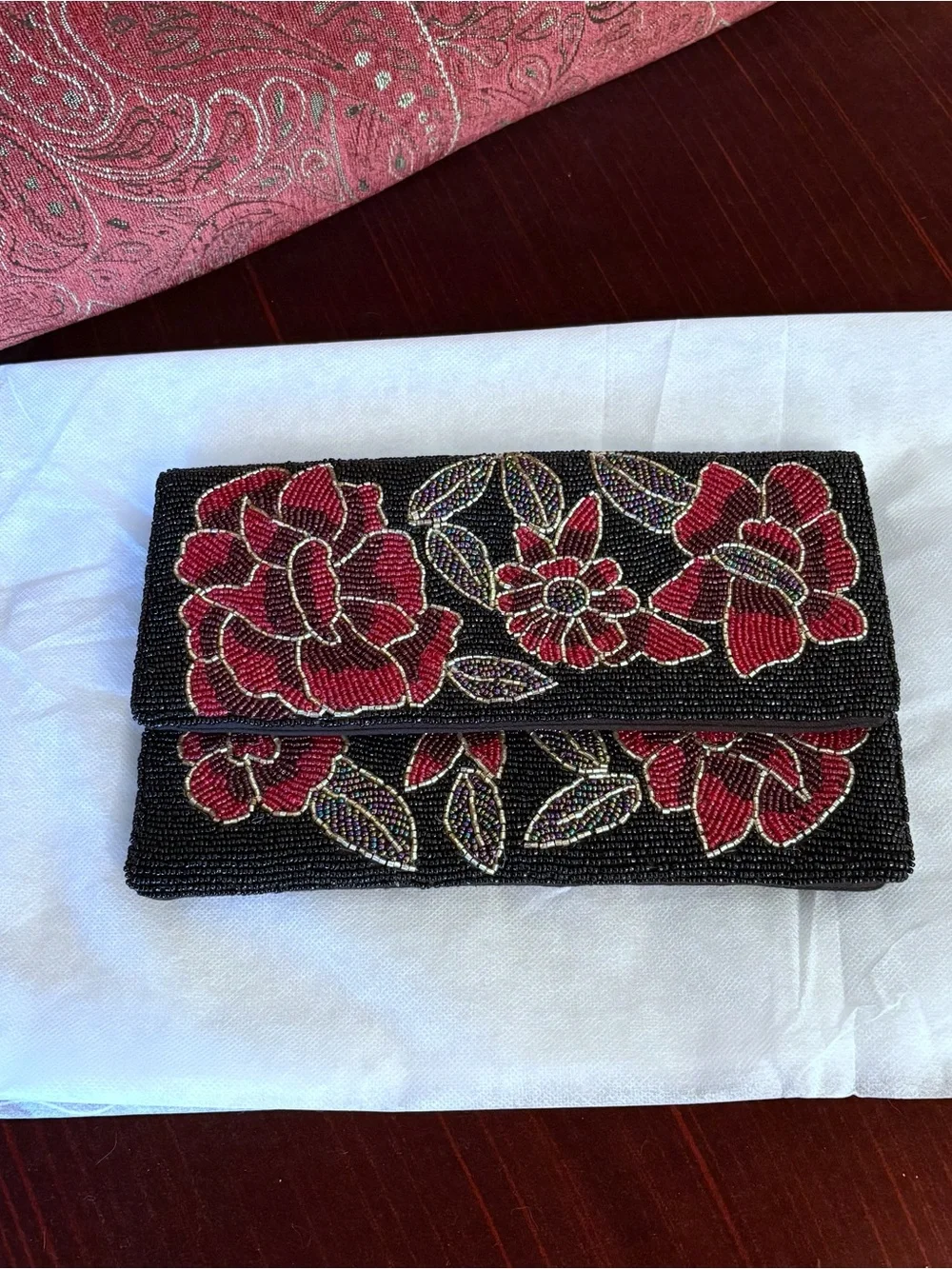 POL Black Crossbody Chain Bag with Red and White Floral Beadwork